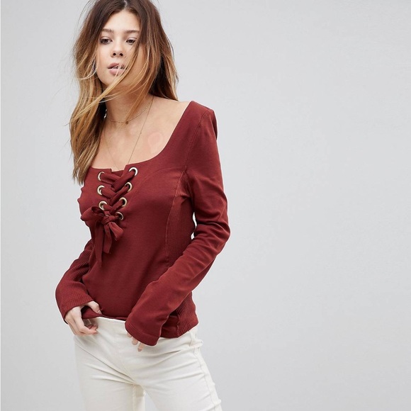 Free People Tops - Free People Looking Back Rust Lace Up Shirt